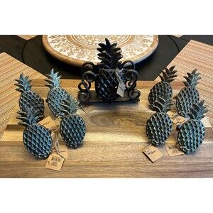 Park Designs Brass Metal Pineapple Napkin Holder and 8 Napkin Rings Set NWT